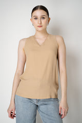 Fabiana Filippi Crepe de Chine V-neck Tank with Tulle Trim in Tan Vancouver. Shop Online or in Store.