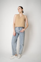 Fabiana Filippi Crepe de Chine V-neck Tank with Tulle Trim in Tan Vancouver. Shop Online or in Store.