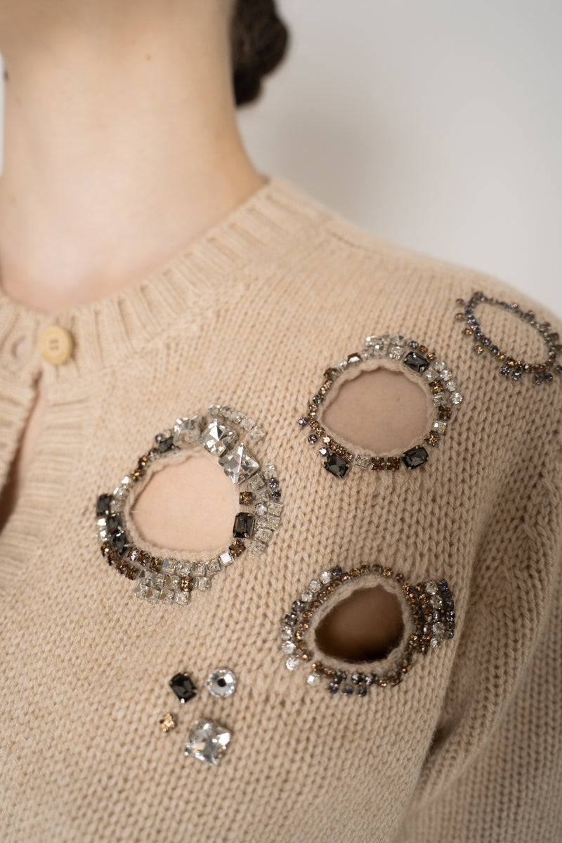 Fabiana Filippi Embellished Cigarette Burn Cashmere Blend Cropped Cardigan in Camel Vancouver. Shop Online or in Store.