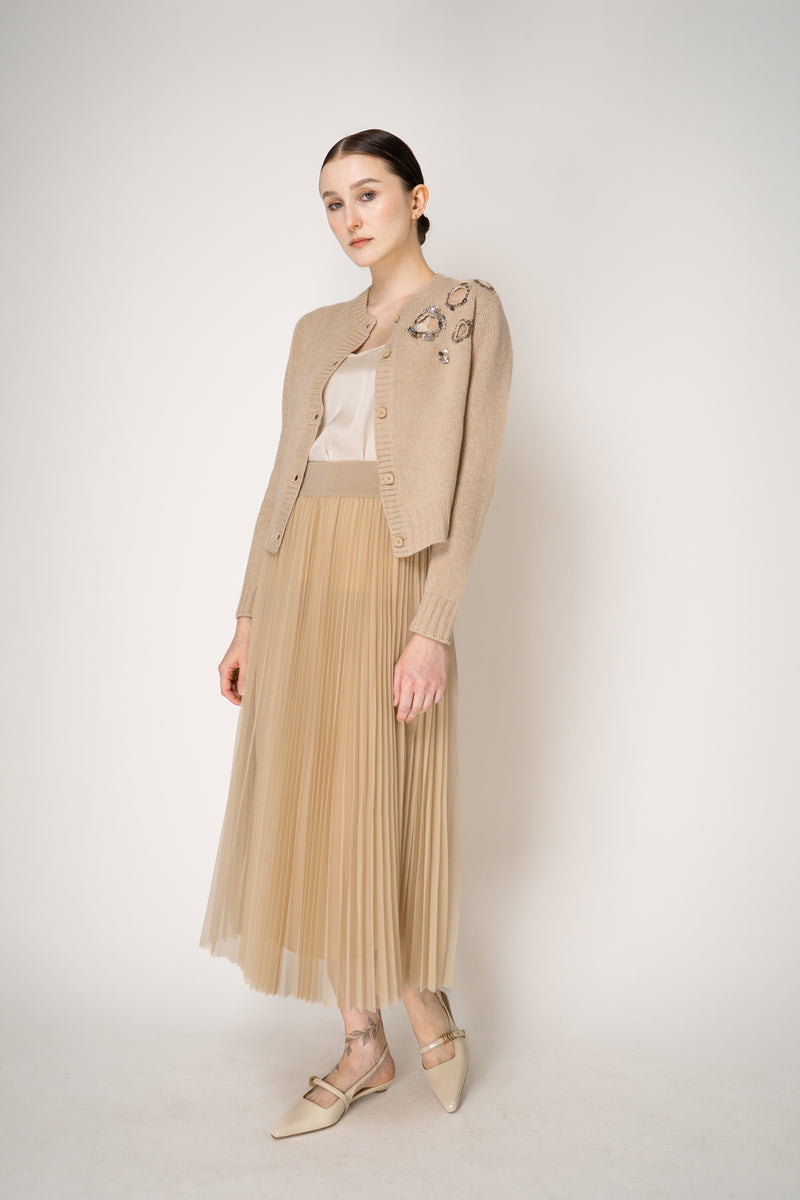 Fabiana Filippi Embellished Cigarette Burn Cashmere Blend Cropped Cardigan in Camel Vancouver. Shop Online or in Store.