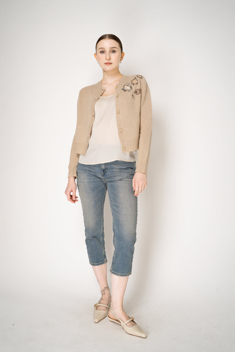 Fabiana Filippi Embellished Cigarette Burn Cashmere Blend Cropped Cardigan in Camel Vancouver. Shop Online or in Store.