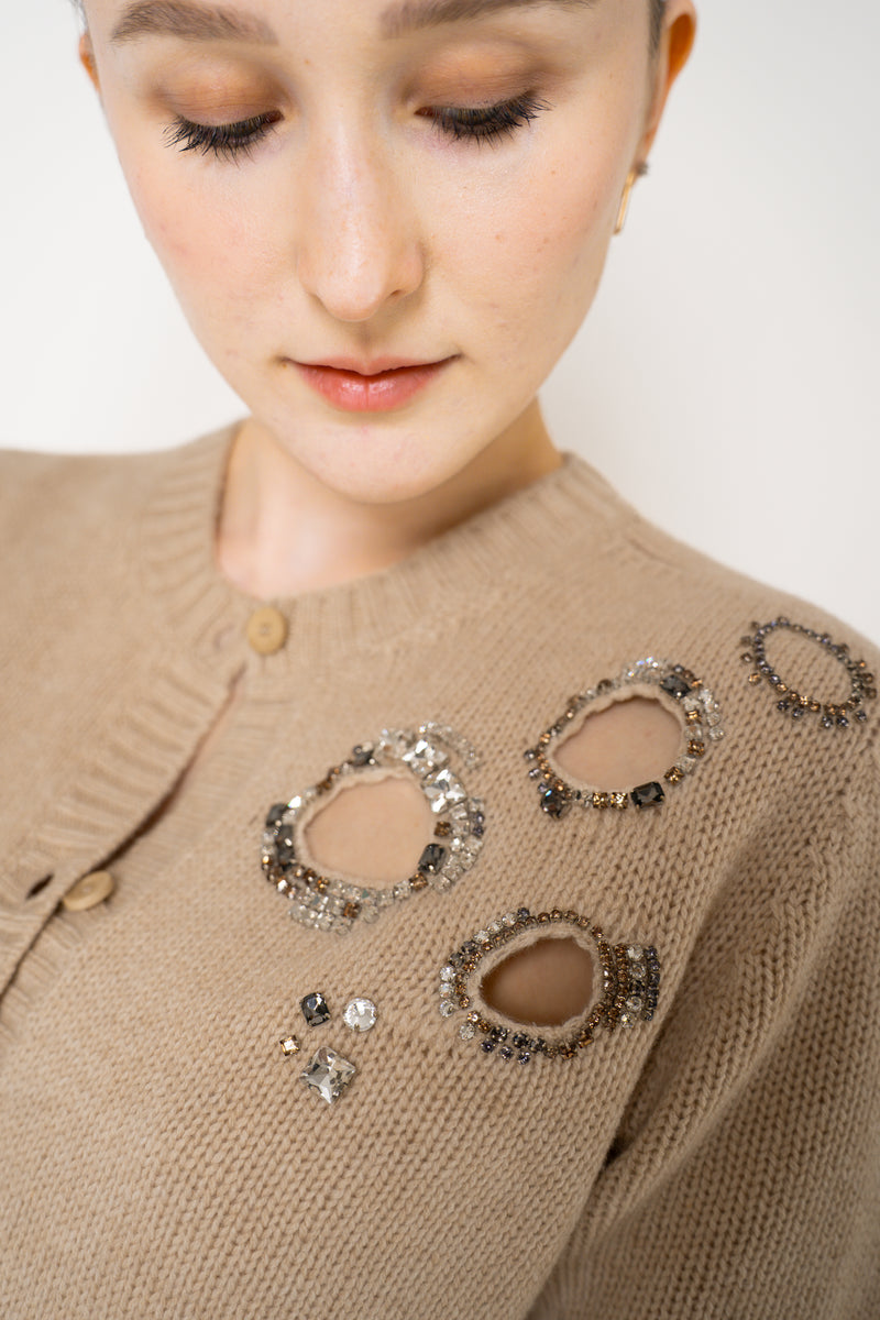 Fabiana Filippi Embellished Cigarette Burn Cashmere Blend Cropped Cardigan in Camel Vancouver. Shop Online or in Store.