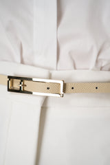 Fabiana Filippi Grained Leather Belt with Metallic Buckle in Vanilla Vancouver. Shop Online or in Store.
