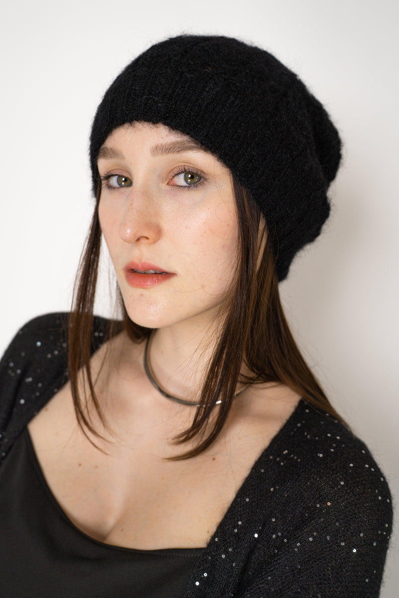 Fabiana Filippi Knit Wool Mohair Pointelle Toque in Black Vancouver. Shop Online or in Store.