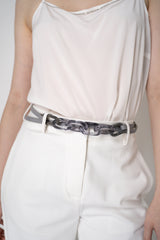 Fabiana Filippi Leather Belt with Plexi Chain and Filo Diamante Details in Cobblestone Vancouver. Shop Online or in Store.