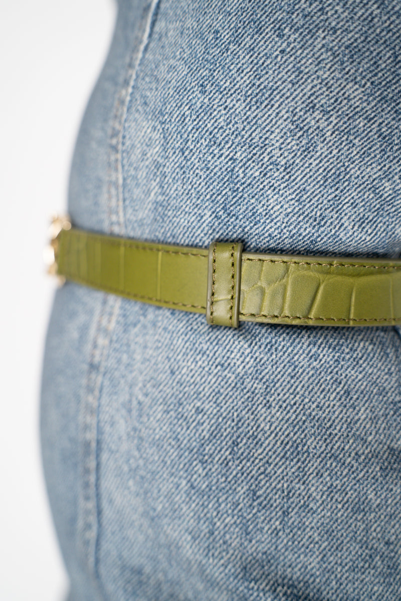 Fabiana Filippi Leather Hook-Style Croc Belt in Olive Green Vancouver. Shop Online or in Store.