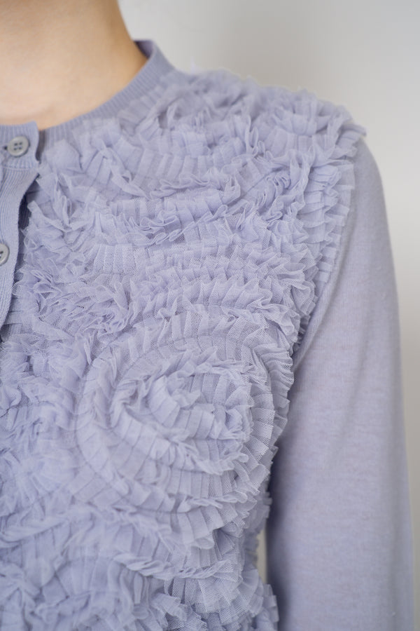 Fabiana Filippi Linen-Cotton Knit Cardigan with Tulle Ruffle Embroidery in Lavender Vancouver. Shop Online or in Store.