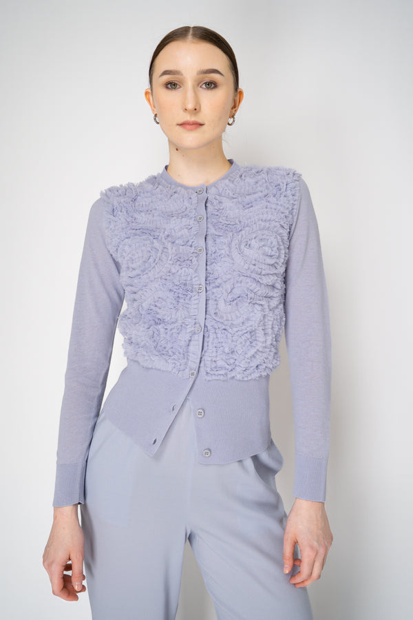 Fabiana Filippi Linen-Cotton Knit Cardigan with Tulle Ruffle Embroidery in Lavender Vancouver. Shop Online or in Store.