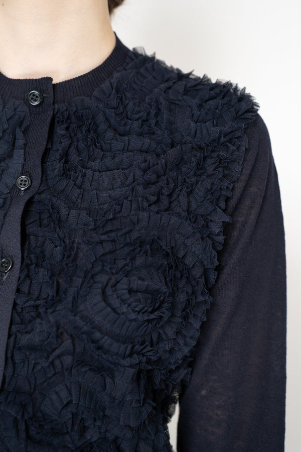 Fabiana Filippi Linen-Cotton Knit Cardigan with Tulle Ruffle Embroidery in Navy Vancouver. Shop Online or in Store.