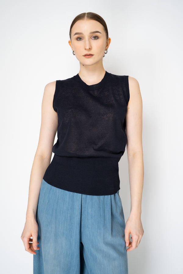 Fabiana Filippi Linen Blend Knit Sleeveless Top in Dark Navy Vancouver. Shop Online or in Store.