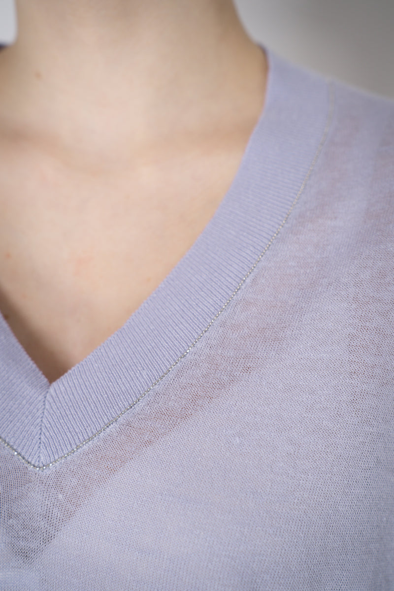 Fabiana Filippi Linen Blend Knit V-Neck Pullover in Lavender Vancouver. Shop Online or in Store.