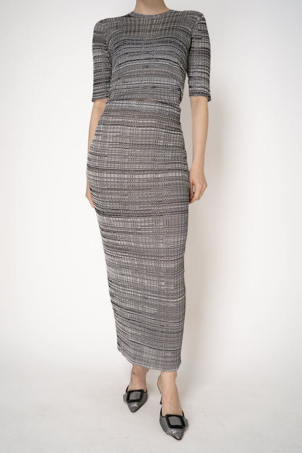 Fabiana Filippi Liquid Drape Ribbed Viscose Knit Skirt in Grey and Black Stripe Melange Vancouver. Shop Online or in Store.