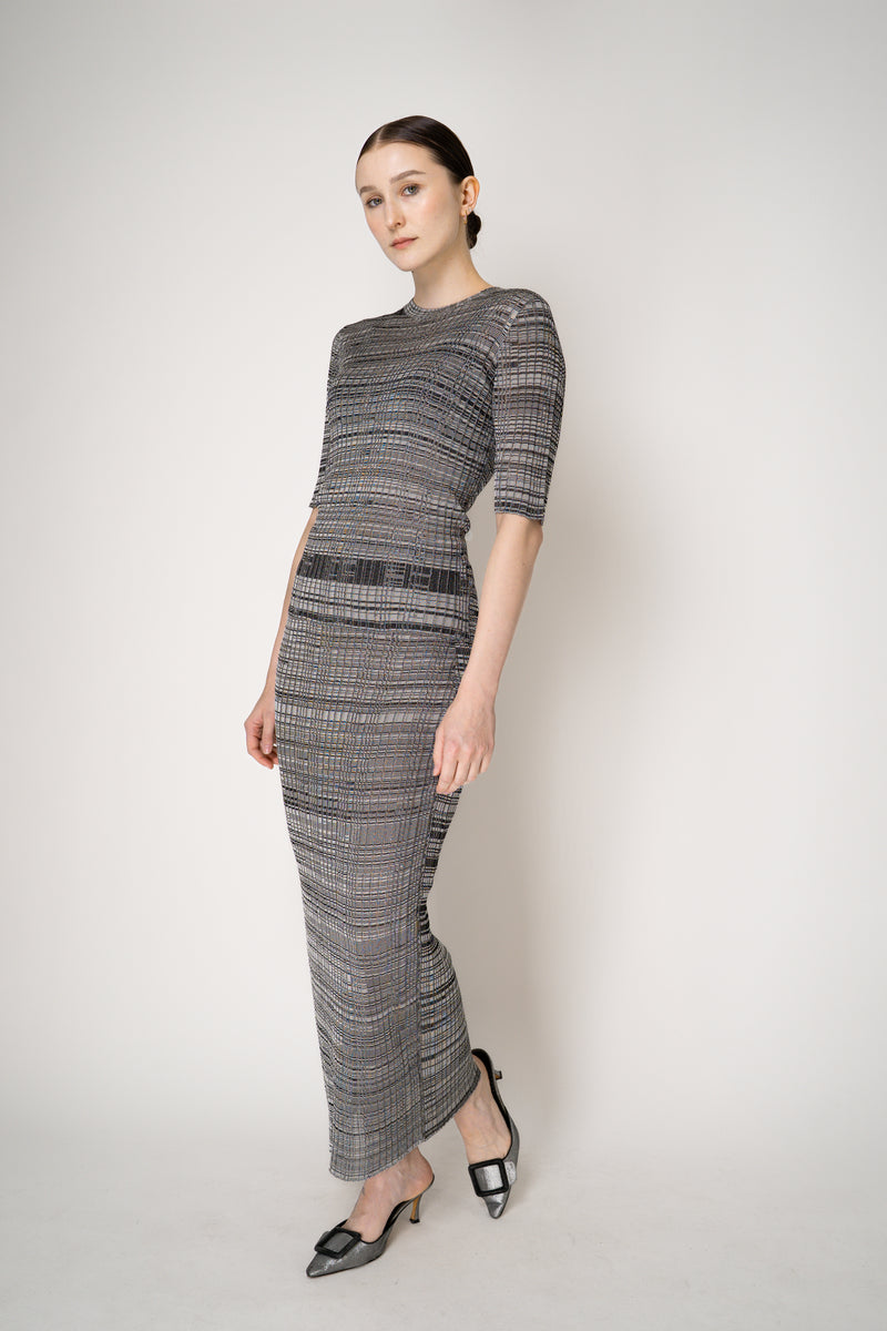 Fabiana Filippi Liquid Drape Ribbed Viscose Knit Top in Grey and Black Stripe Melange Vancouver. Shop Online or in Store.