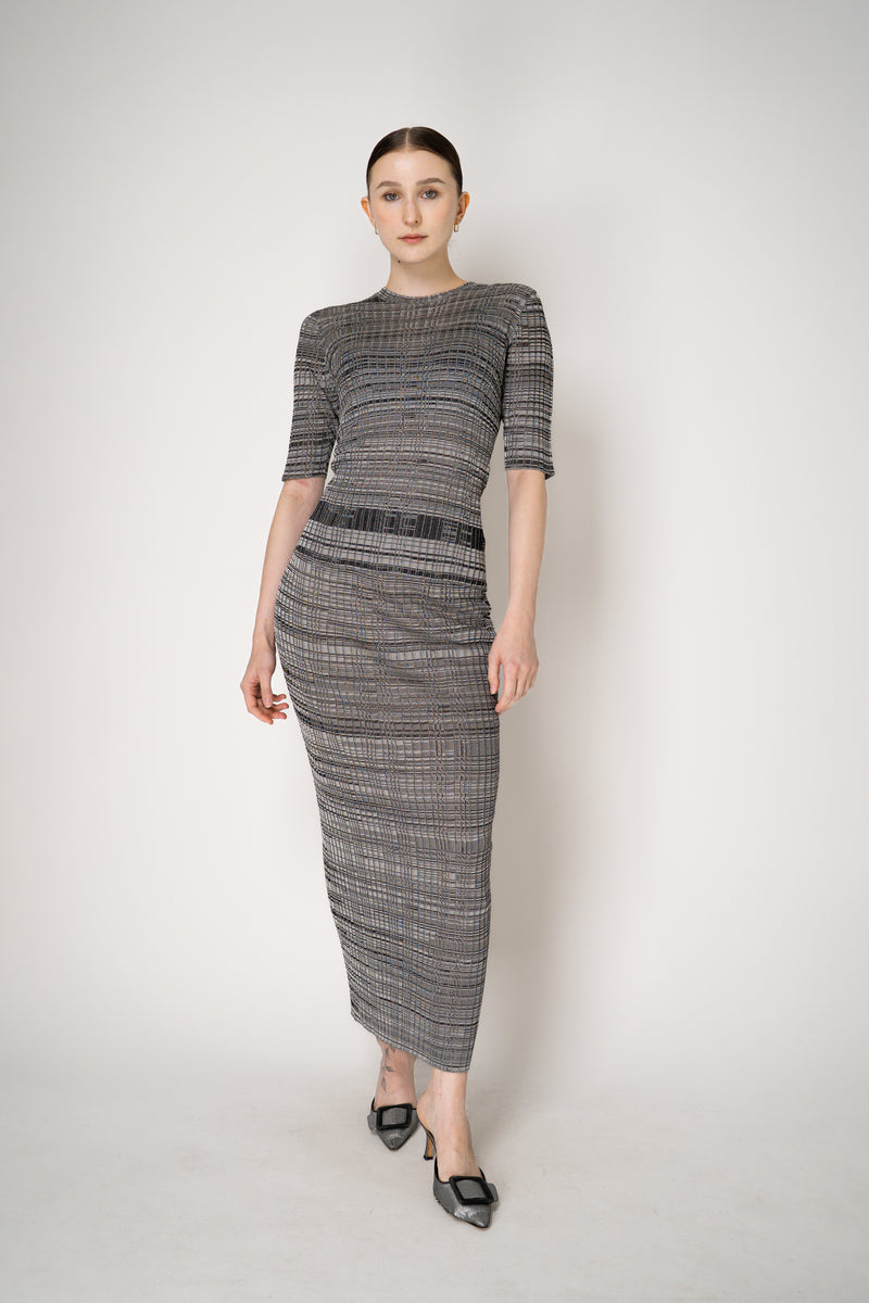 Fabiana Filippi Liquid Drape Ribbed Viscose Knit Top in Grey and Black Stripe Melange Vancouver. Shop Online or in Store.