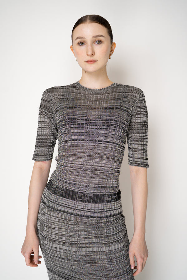 Fabiana Filippi Liquid Drape Ribbed Viscose Knit Top in Grey and Black Stripe Melange Vancouver. Shop Online or in Store.