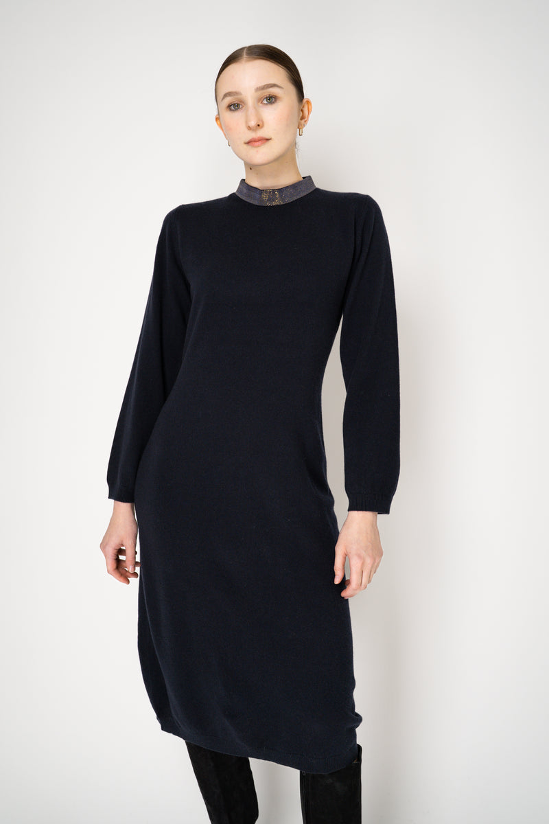 Fabiana Filippi Long Sleeve Cashmere Blend Knit Dress in Navy Vancouver. Shop Online or in Store.