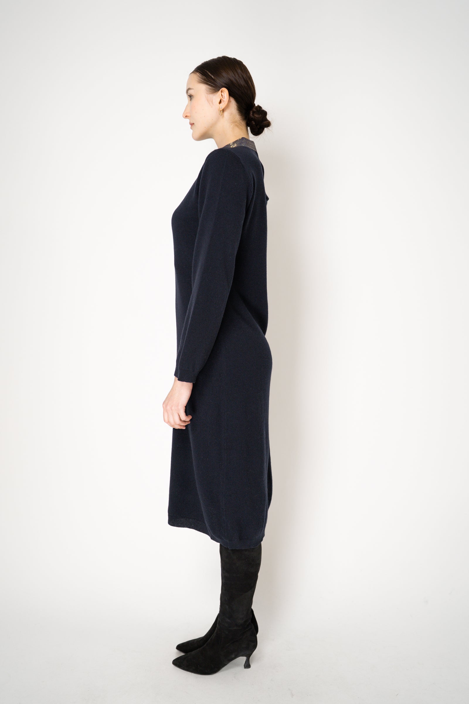 knee length dresses for ladies Fabiana Filippi Long Sleeve Cashmere Blend Knit Dress in Navy – Ashia Mode