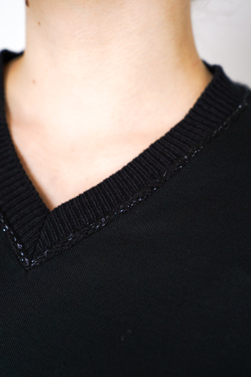 Fabiana Filippi Long Sleeve Jersey Top with Knitted V-Neckline in Black Vancouver. Shop Online or in Store. 