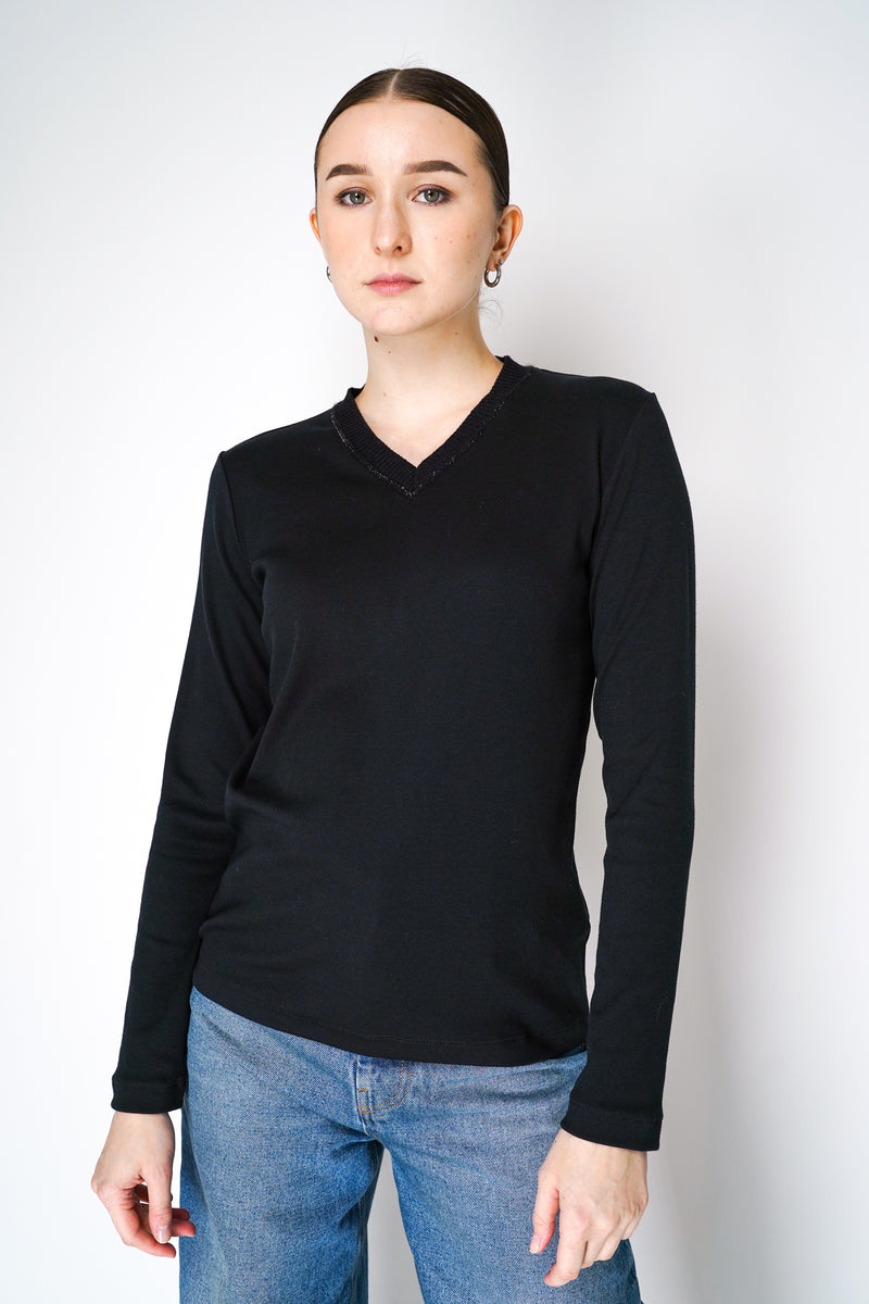 Fabiana Filippi Long Sleeve Jersey Top with Knitted V-Neckline in Black Vancouver. Shop Online or in Store. 