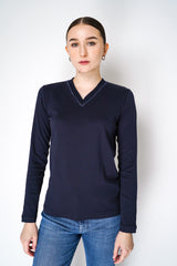 Fabiana Filippi Long Sleeve Jersey Top with Knitted V-Neckline in Navy Vancouver. Shop Online or in Store. 