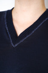 Fabiana Filippi Long Sleeve Jersey Top with Knitted V-Neckline in Navy Vancouver. Shop Online or in Store. 