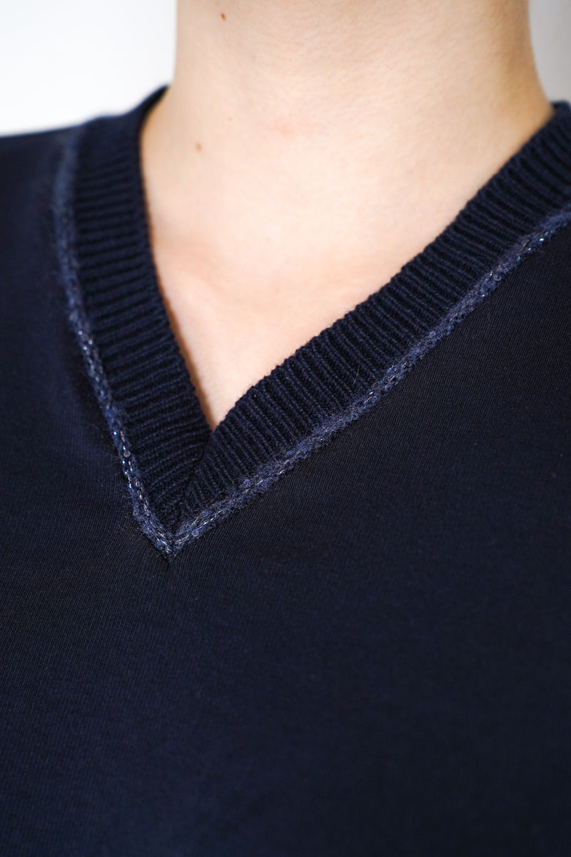 Fabiana Filippi Long Sleeve Jersey Top with Knitted V-Neckline in Navy Vancouver. Shop Online or in Store. 