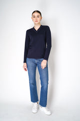 Fabiana Filippi Long Sleeve Jersey Top with Knitted V-Neckline in Navy Vancouver. Shop Online or in Store. 