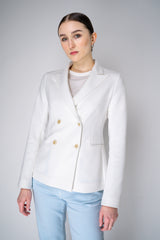 Fabiana Filippi Scuba Fabric Double Breasted Blazer with Brilliant Beading in White Vancouver. Shop Online or in Store.