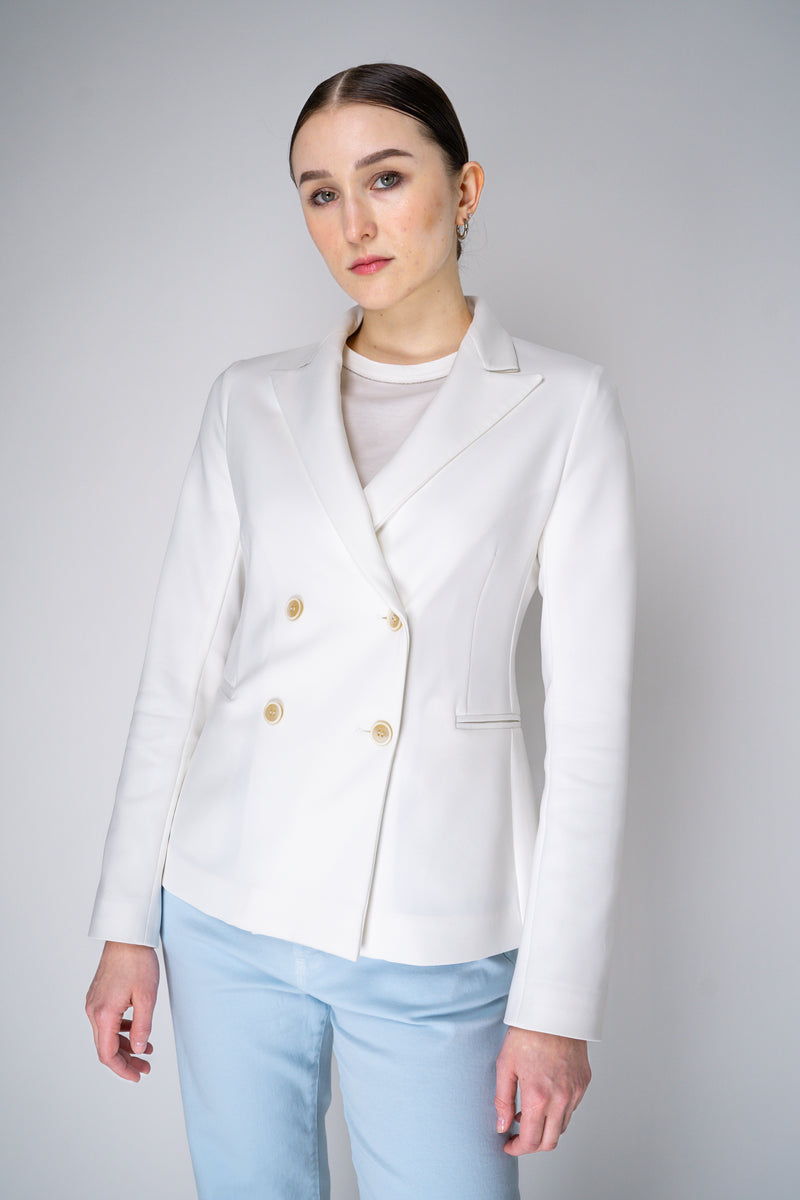 Fabiana Filippi Scuba Fabric Double Breasted Blazer with Brilliant Beading in White Vancouver. Shop Online or in Store.