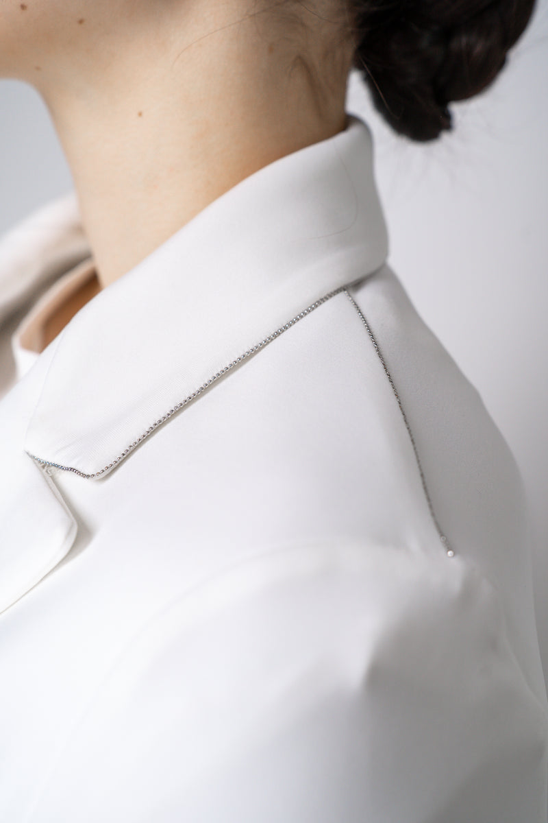 Fabiana Filippi Scuba Fabric Double Breasted Blazer with Brilliant Beading in White Vancouver. Shop Online or in Store.