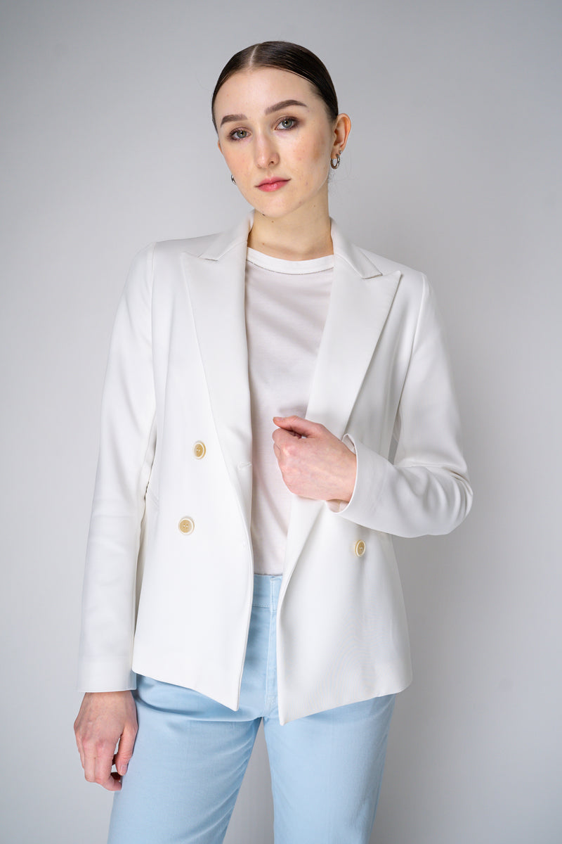 Fabiana Filippi Scuba Fabric Double Breasted Blazer with Brilliant Beading in White Vancouver. Shop Online or in Store.