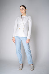 Fabiana Filippi Scuba Fabric Double Breasted Blazer with Brilliant Beading in White Vancouver. Shop Online or in Store.