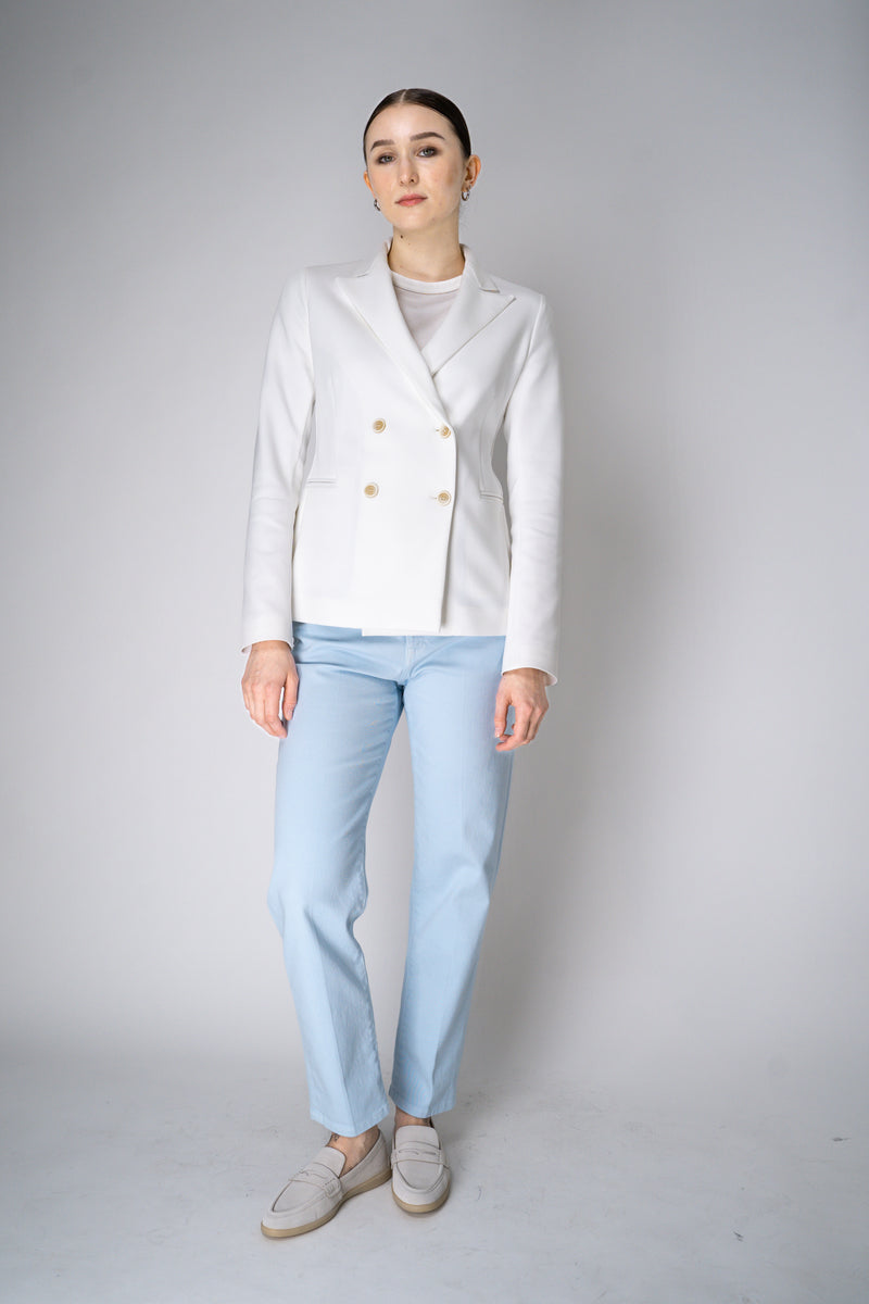 Fabiana Filippi Scuba Fabric Double Breasted Blazer with Brilliant Beading in White Vancouver. Shop Online or in Store.