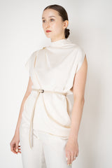 Fabiana Filippi Shiny Enver Satin Draped Blouse With Knot Pin in Ivory Vancouver. Shop Online or in Store