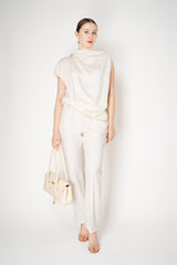Fabiana Filippi Shiny Enver Satin Draped Blouse With Knot Pin in Ivory Vancouver. Shop Online or in Store