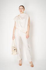 Fabiana Filippi Shiny Enver Satin Draped Blouse With Knot Pin in Ivory Vancouver. Shop Online or in Store