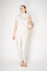 Fabiana Filippi Shiny Enver Satin Draped Blouse With Knot Pin in Ivory Vancouver. Shop Online or in Store