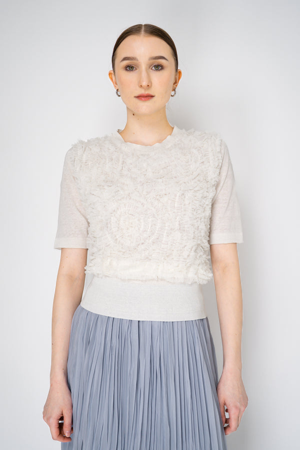 Fabiana Filippi Short Sleeve Knit Shirt with Tulle Ruffle Embroidery in White Vancouver. Shop Online or in Store.