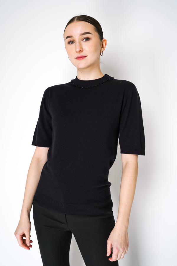 Fabiana Filippi Short Sleeve Knit Sweater with Beaded Neckline in Black Vancouver. Shop Online or in Store.