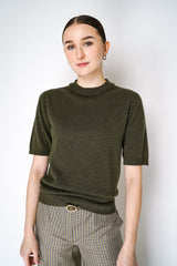 Fabiana Filippi Short Sleeve Knit Sweater with Beaded Neckline in Loden Green Vancouver. Shop Online or in Store.