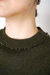 Fabiana Filippi Short Sleeve Knit Sweater with Beaded Neckline in Loden Green Vancouver. Shop Online or in Store.