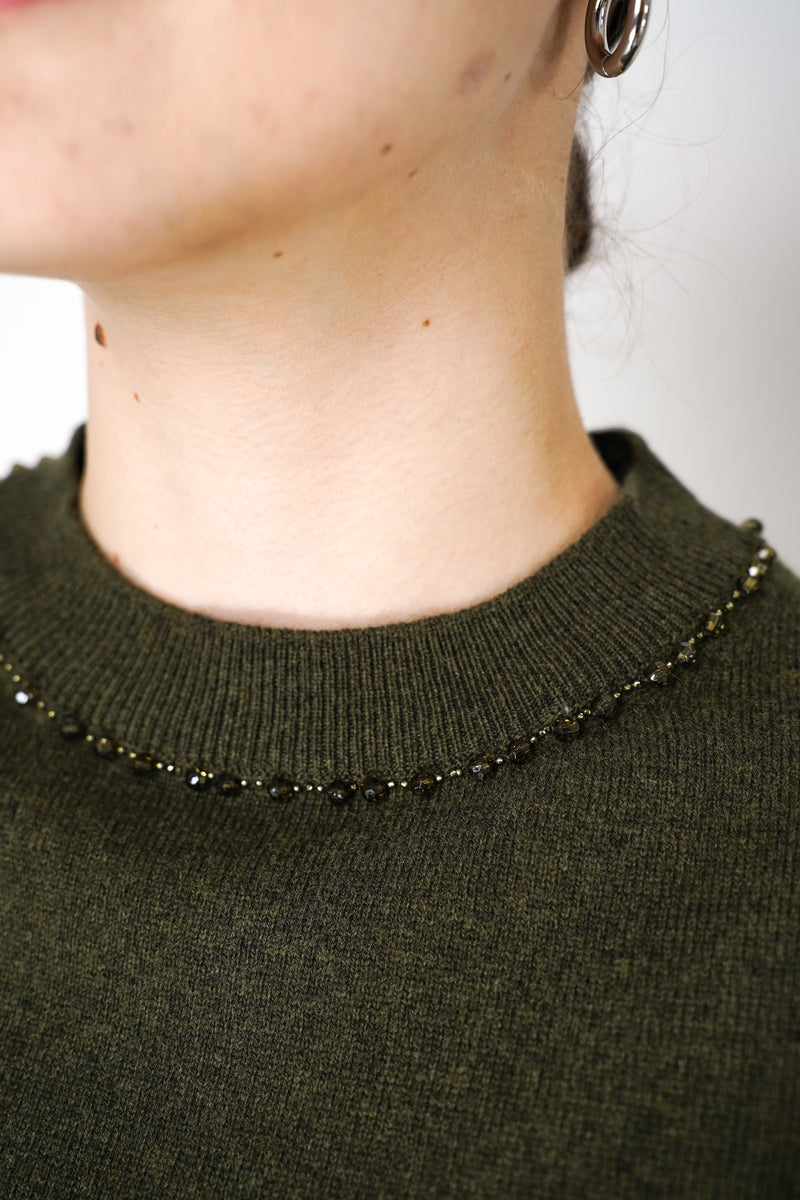 Fabiana Filippi Short Sleeve Knit Sweater with Beaded Neckline in Loden Green Vancouver. Shop Online or in Store.