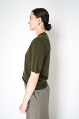 Fabiana Filippi Short Sleeve Knit Sweater with Beaded Neckline in Loden Green Vancouver. Shop Online or in Store.