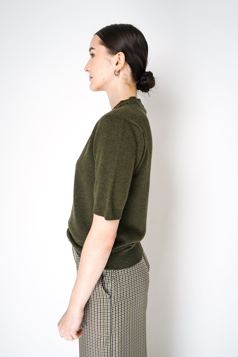 Fabiana Filippi Short Sleeve Knit Sweater with Beaded Neckline in Loden Green Vancouver. Shop Online or in Store.