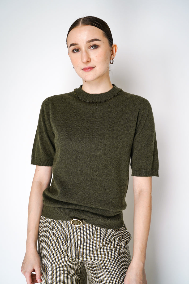 Fabiana Filippi Short Sleeve Knit Sweater with Beaded Neckline in Loden Green Vancouver. Shop Online or in Store.