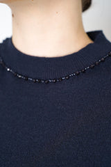 Fabiana Filippi Short Sleeve Knit Sweater with Beaded Neckline in Navy Vancouver. Shop Online or in Store.