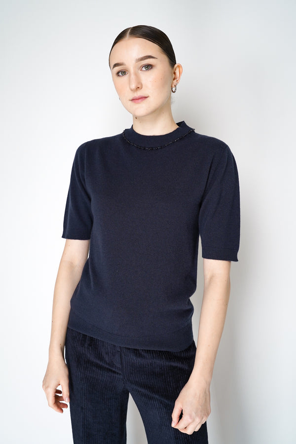 Fabiana Filippi Short Sleeve Knit Sweater with Beaded Neckline in Navy Vancouver. Shop Online or in Store.