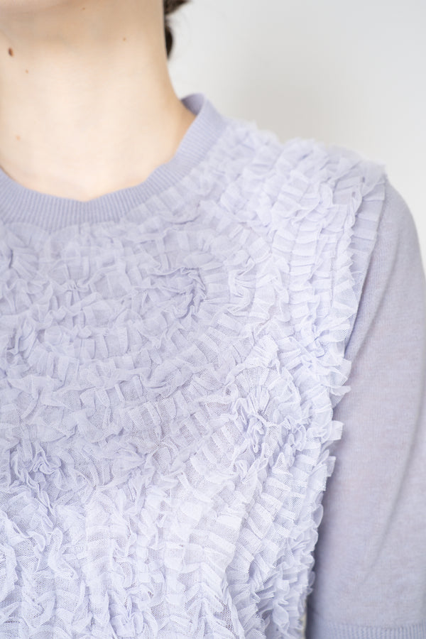 Fabiana Filippi Short Sleve Knit Shirt with Tulle Ruffle Embroidery in Lavender Vancouver. Shop Online or in Store.