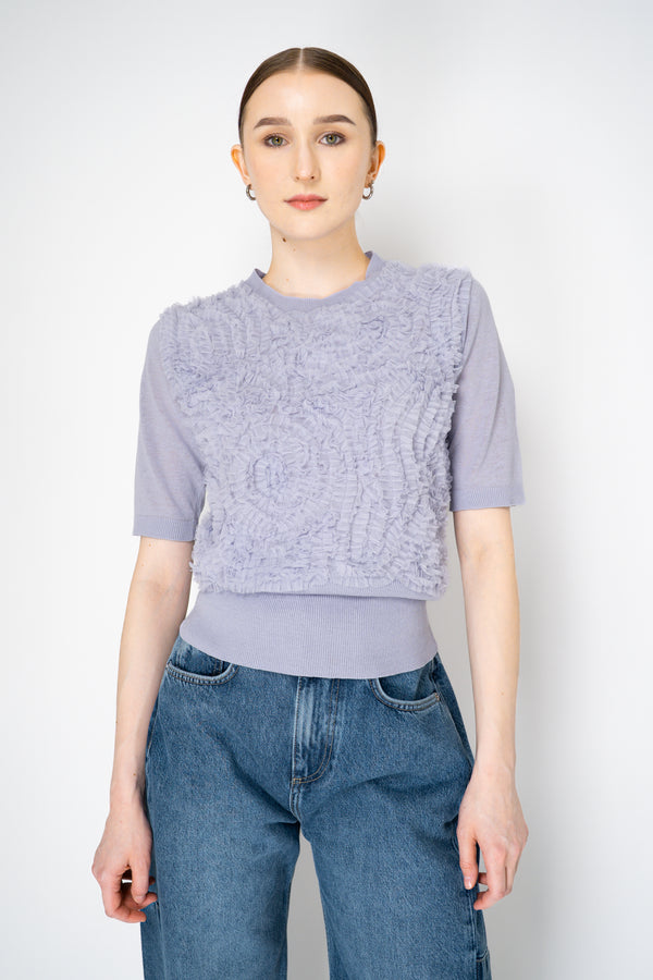 Fabiana Filippi Short Sleve Knit Shirt with Tulle Ruffle Embroidery in Lavender Vancouver. Shop Online or in Store.
