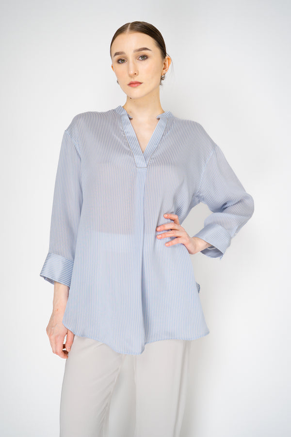 Fabiana Filippi Silk Viscose V-Neck Striped Blouse in White and Blue Vancouver. Shop Online or in Store.